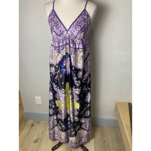 ECI New York Purple Paisley Silk Feel Y2K Maxi Dress Empire Waist Women Size 8